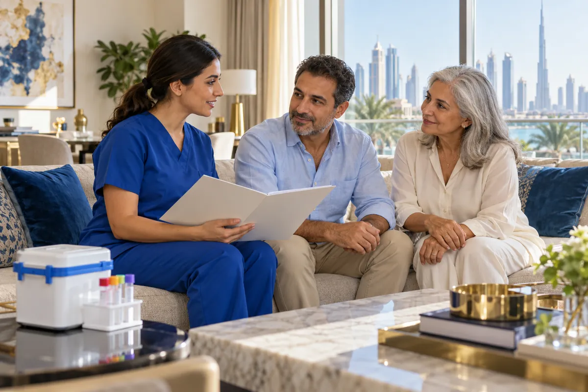 Illustration of a healthcare professional discussing home lab testing with a family in Dubai